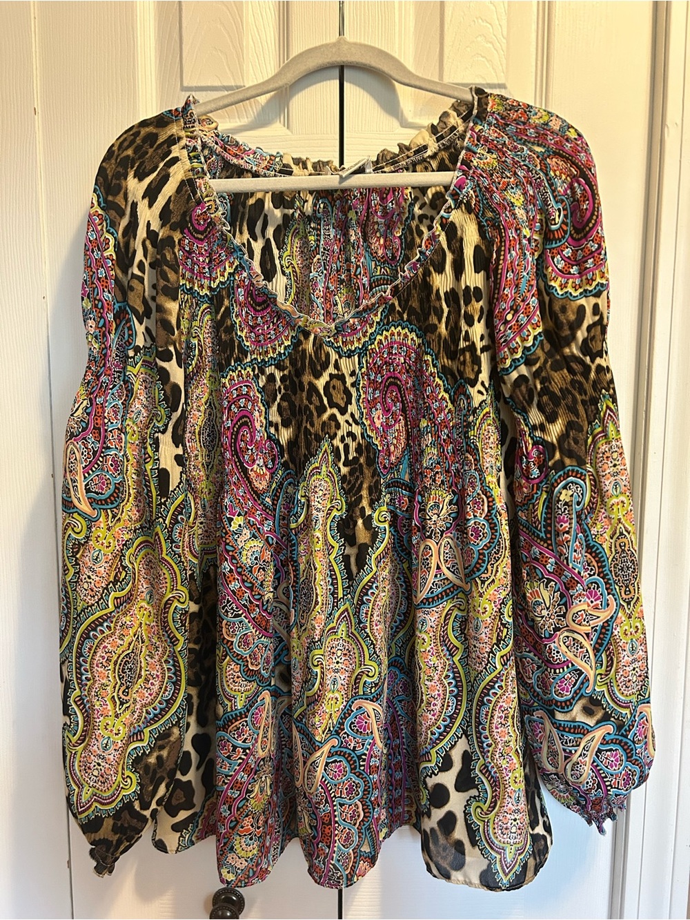 Allison Taylor Boho Paisley & Leopard Print Peasant Top - Multicolor
